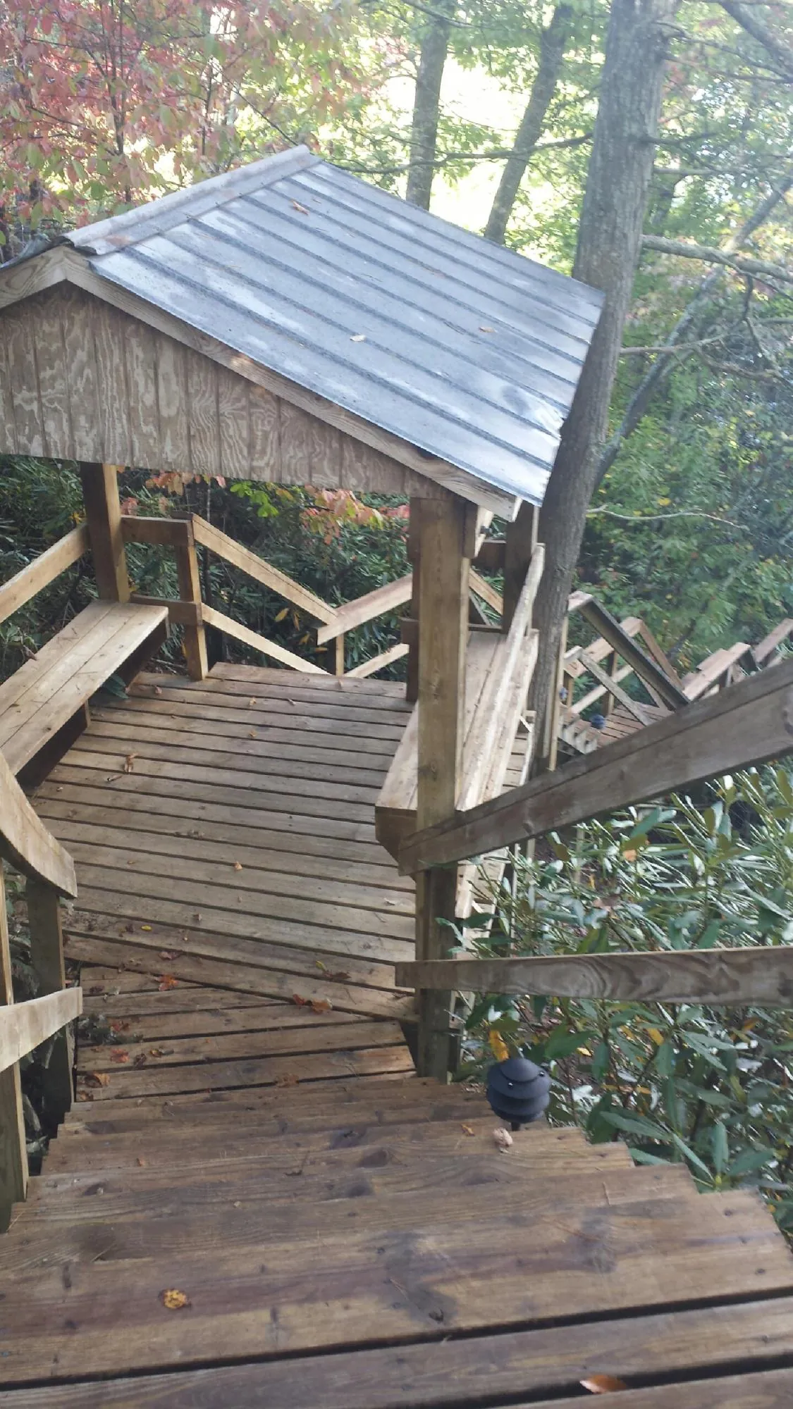 Metal roofed shelter over wooden steps on a wooded walkway — Skylight Repair & Installation work by our crew in Willow Spring